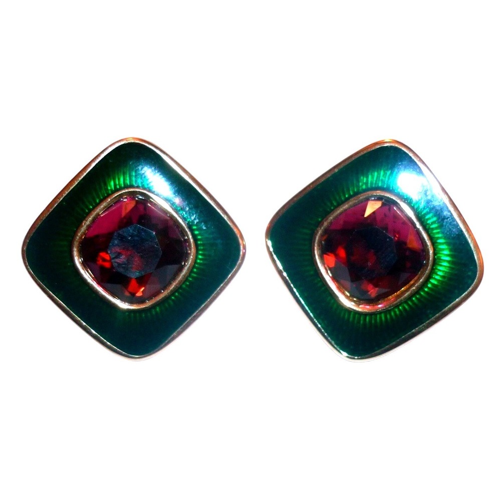 Vtg SAL Swarovski Gold Tone Green Enamel Amethyst Purple Glass Clip On Earrings